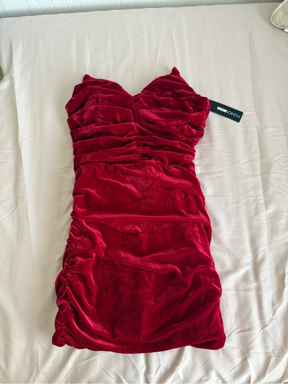 Red Velvet Ruched Strapless Dress